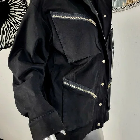 NWT~$295~I AM GIA~S/M~BLACK MILITARY UTILITY CARGO DENIM JEAN JACKET COAT - Picture 7 of 16